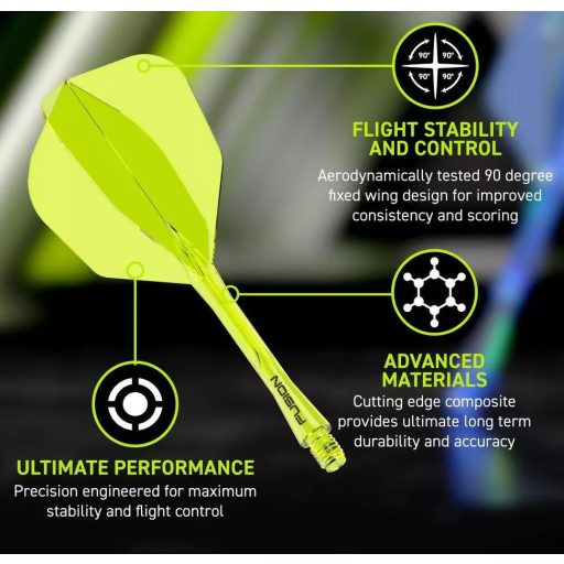 Darts toll és szár egyben Winmau Fusion neon sárga, No6 toll és közepes szár